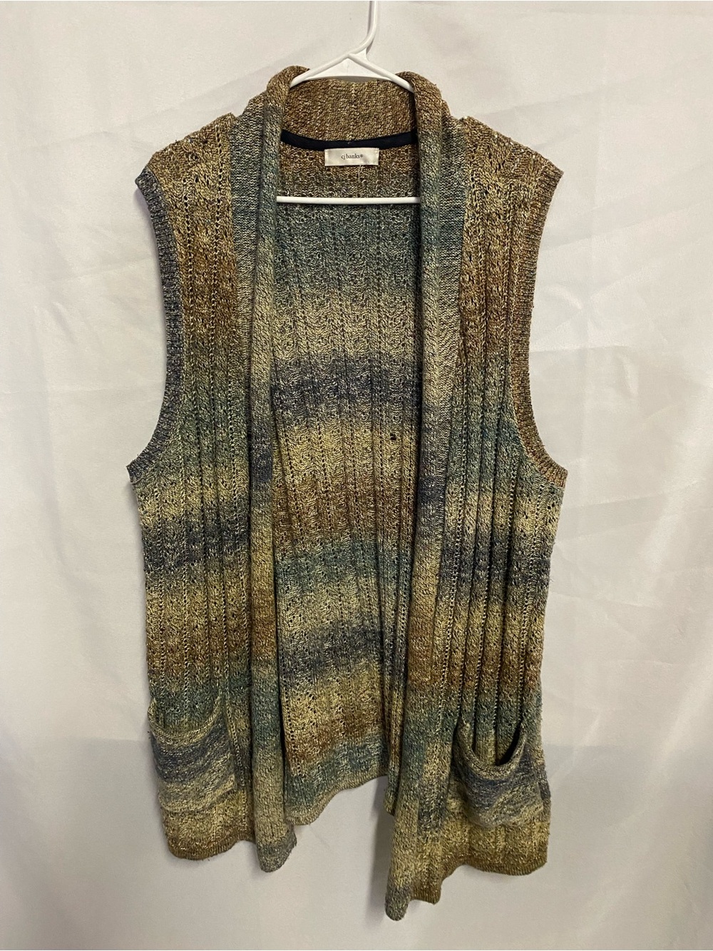 Cj Banks Sleeveless Open-Front Knit Vest in Multi-Tone Olive
